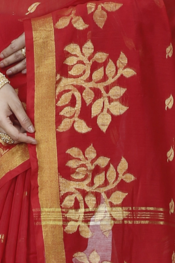 Red Blended Cotton Tina Hand Loom Saree (1213)